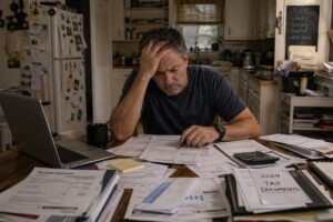 Man with head in his hands at kitchen table surrounded by paperwork.