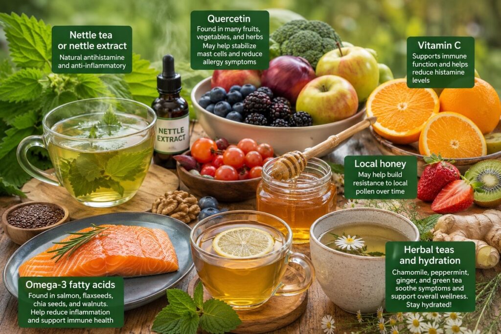 Herbal and natural allergy relief may include nettle tea, quercetin, vitamin c, local honey, Omega-3s, or herbal teas