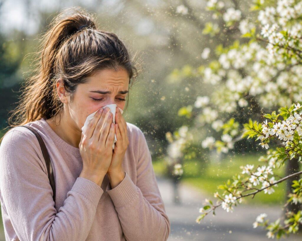 Woman blowing nose near a flowering tree
