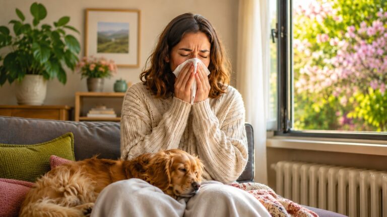 Woman blowing nose and surrounded by common allergens like pollen and pets