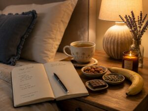 nutrition and supplements on a nightstand to support sleep
