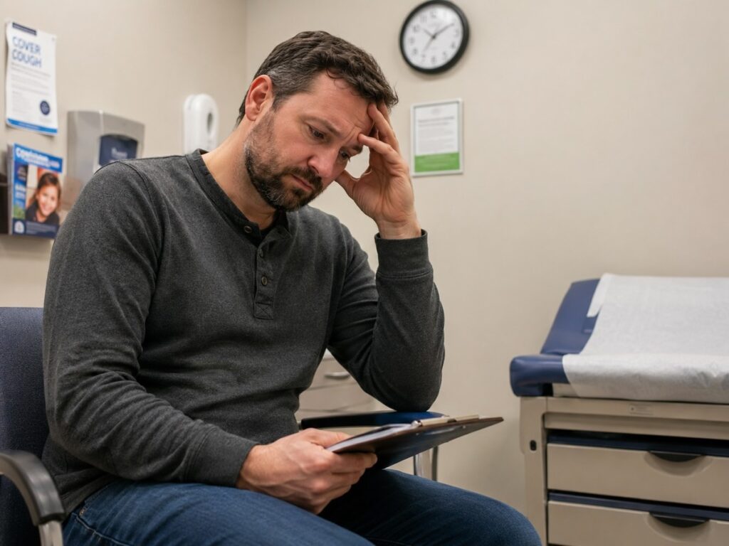 Man worried and frustrated by medical appointment