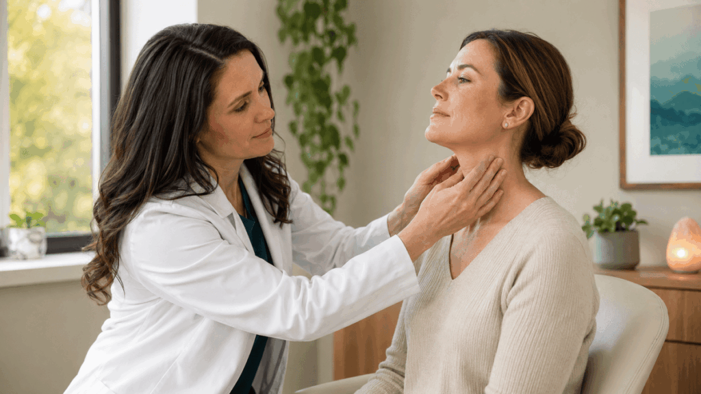 Doctor feels patient's next in thyroid exam