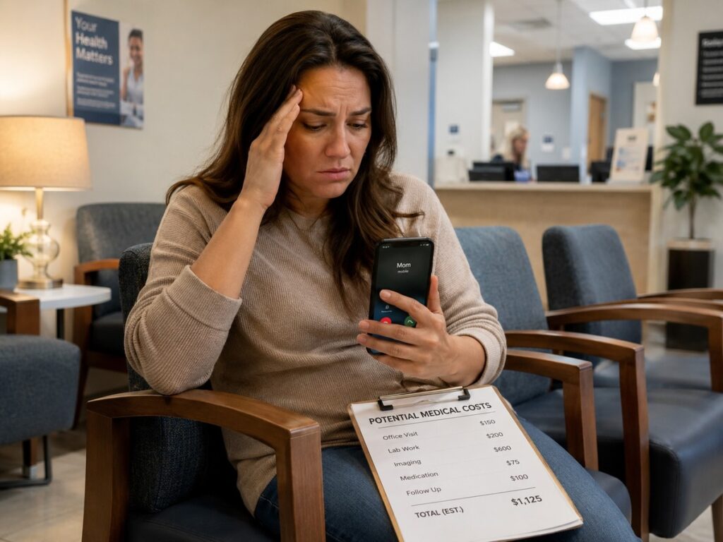 Worried woman holds clipboard with healthcare cost estimate