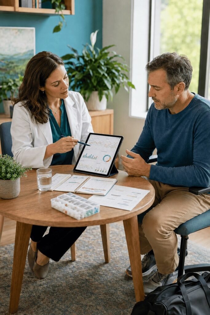 Doctor, seated at a table, reviews chronic fatigue symptoms with a male patient.