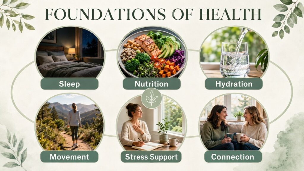 Foundations of health- sleep, nutrition, hydration, movement, stress support, connection