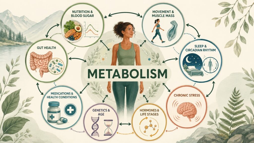 Chart demonstrating all the factors that go into metabolism including hormones, movement, sleep, blood sugar etc.