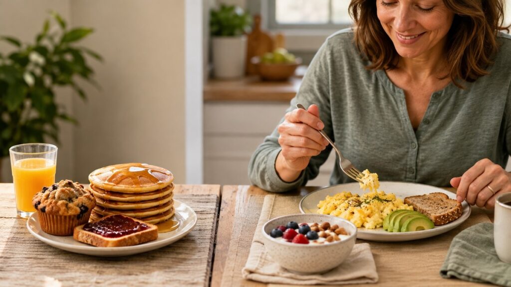 woman sits down to protein heavy breakfast not choosing a carb heavy breakfast