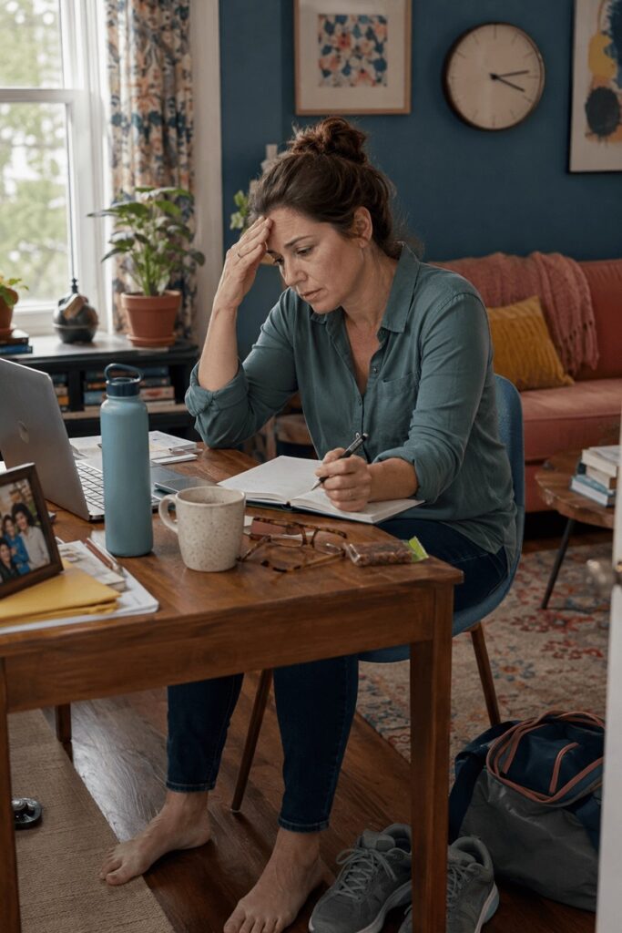 Woman experiencing midday crash associated with chronic fatigue. At desk, head in hands, trying to concentrate on work.
