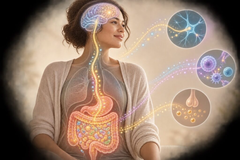 Sketch of woman that demonstrates how gut is talking to the brain