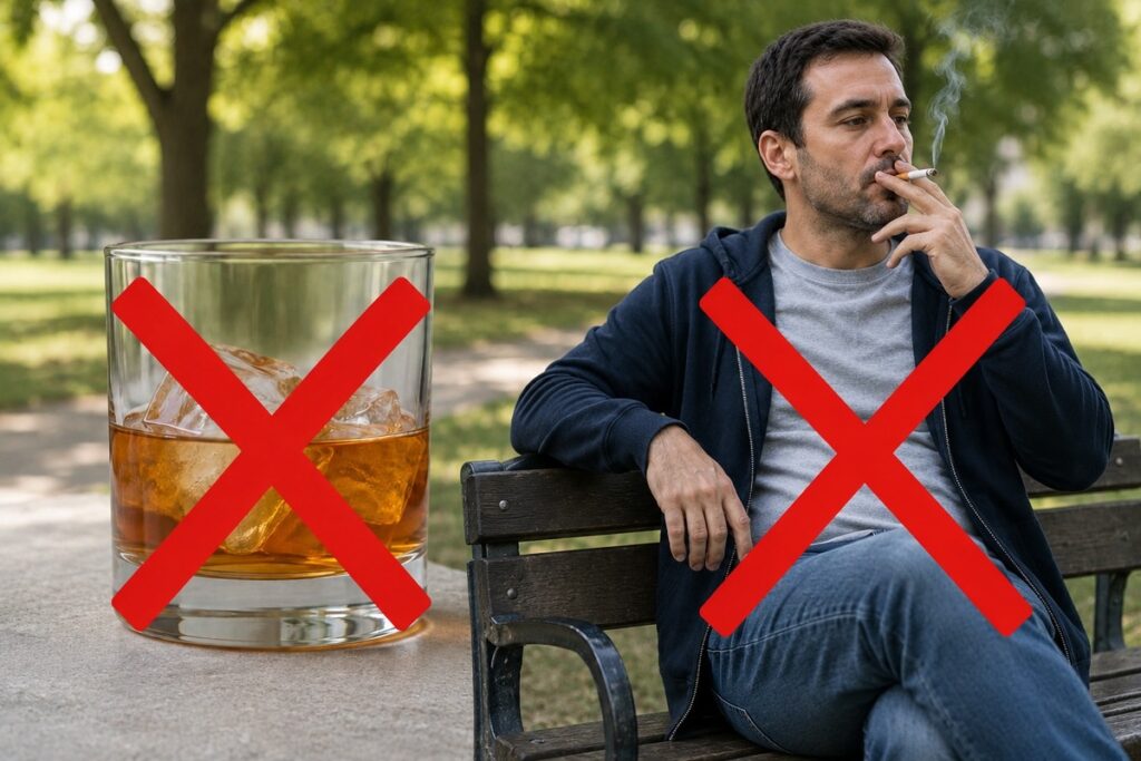 liquor and ice with an X through it and man smoking on park bench with red x - Quit or reduce drinking and smoking