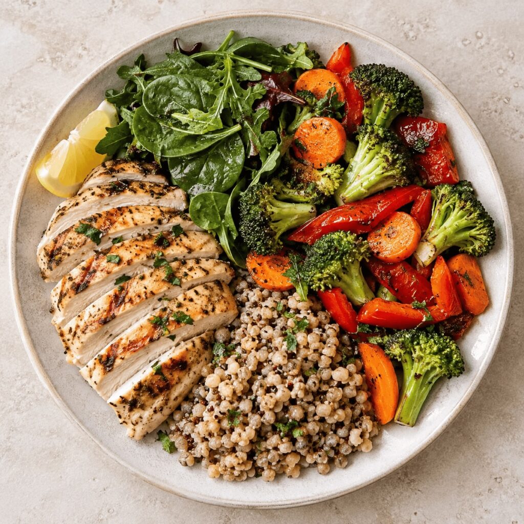 Nutrient dense plate with lean meats, vegetables, and fiber rich whole grains