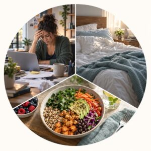 A stressed woman, an empty bed, and a nutrient dense plate that show how these affect immune support