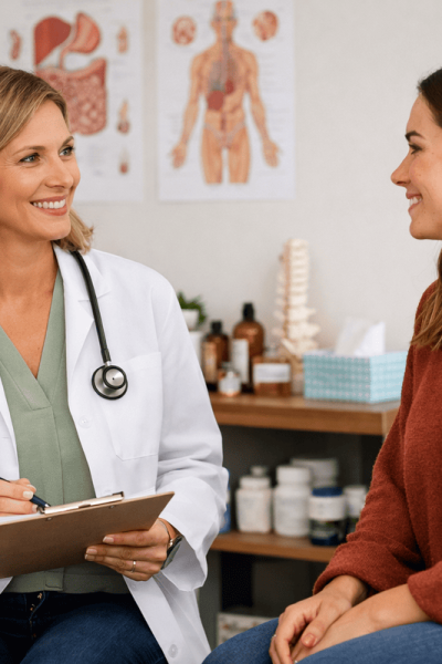 Naturopathic Doctor talking with a patient in an exam room