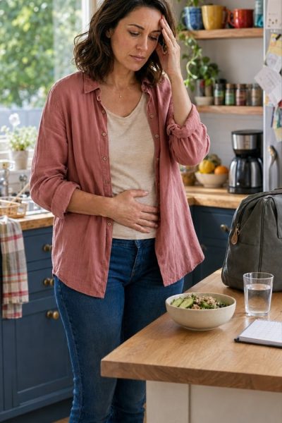 Woman holding stomach while considering a meal in her kitchen