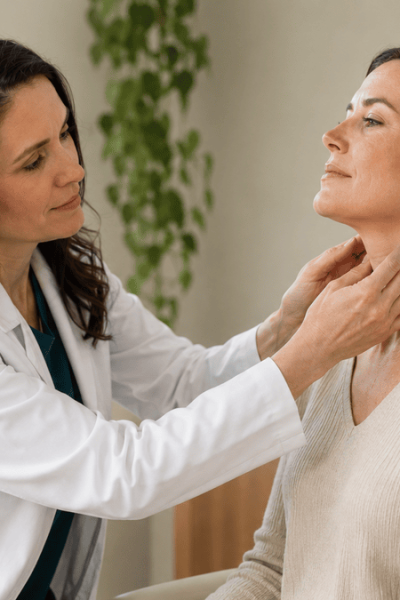 Doctor feels patient's next in thyroid exam
