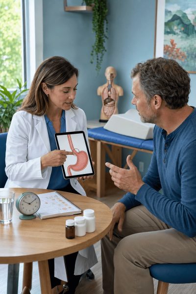 Doctor talks to man about acid reflux