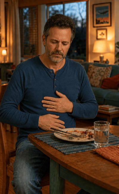 Man holding stomach and chest after a meal and experiencing acid reflux