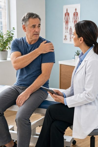 Man holding shoulder and explaining joint pain to doctor