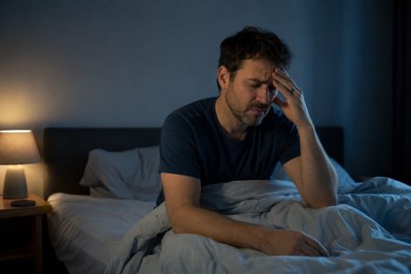 Man sitting up in bed, unable to sleep